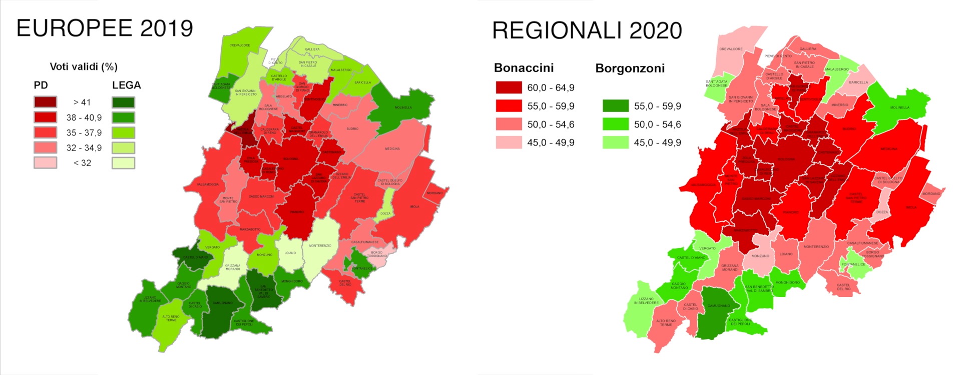Mappe dei voti nelle elezioni europee 2019 e regionali 2020