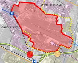 Visualizzazione della nuova area: la parte rossa indica il nuovo polo, il pallino rosso il nuovo casello autostradale a sud, quello giallo lo svincolo esistente, quello rosa (più piccolo in basso a destra) il People Mover