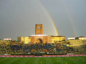 Doppio arcobaleno allo stadio dall'Ara di Bologna - Foto inviata da Daniele Magagni.
