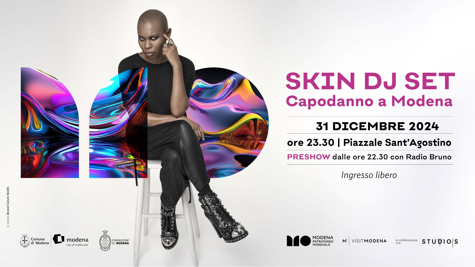 Locandina evento di capodanno 2024 a Modena con Skin